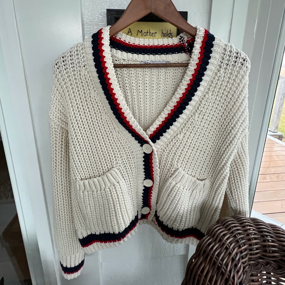 🔥 FINAL SALE $35 Zara Varsity Collegiate Chunky Loop Knit Cream Cardigan Sweater - Picture 4 of 15
